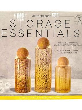Multipurpose Storage Essentials 3 Cork Ball Lid Glass Jars  45 oz. 35 oz. 25oz.